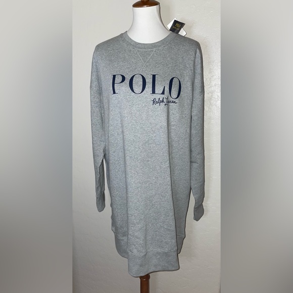 New! Polo Ralph Lauren New Logo Gray/Navy Fleece Sweatshirt Dress Womens Large🤍 - Picture 9 of 10